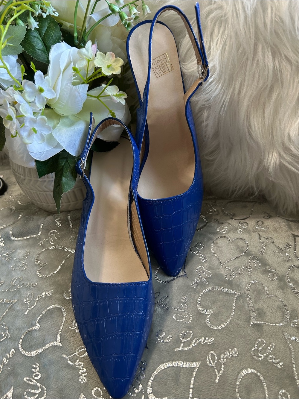 NEW Croc-Embossed Slingback Pointed Toe Flats - Royal Blue, Size 11 - Picture 3 of 6